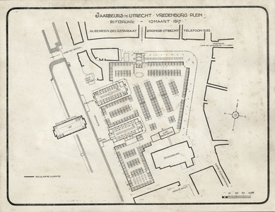 350059 Plattegrond van het Vredenburg te Utrecht, met de Fruithal, Korenbeurs, Schouwburg en de tijdelijke gebouwen ...